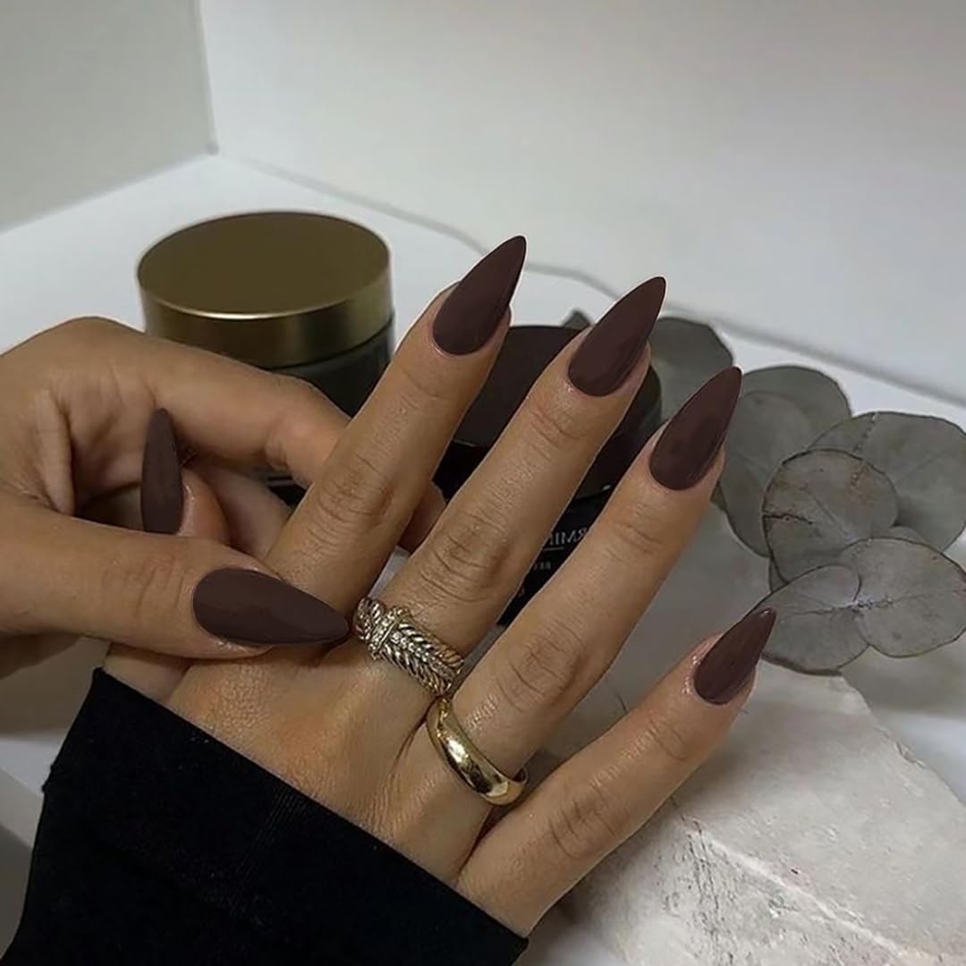 SXVME Soft Gel Press on Nails Almond Shape, Matte Brown False Nails Medium Length, Natural Solid Color Fake Nails Set - Image 2