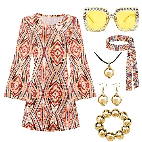 7 Stück Hippie Kostüm Damen Kleid Set, 70er Jahre Bekleidung Damen 60er...
