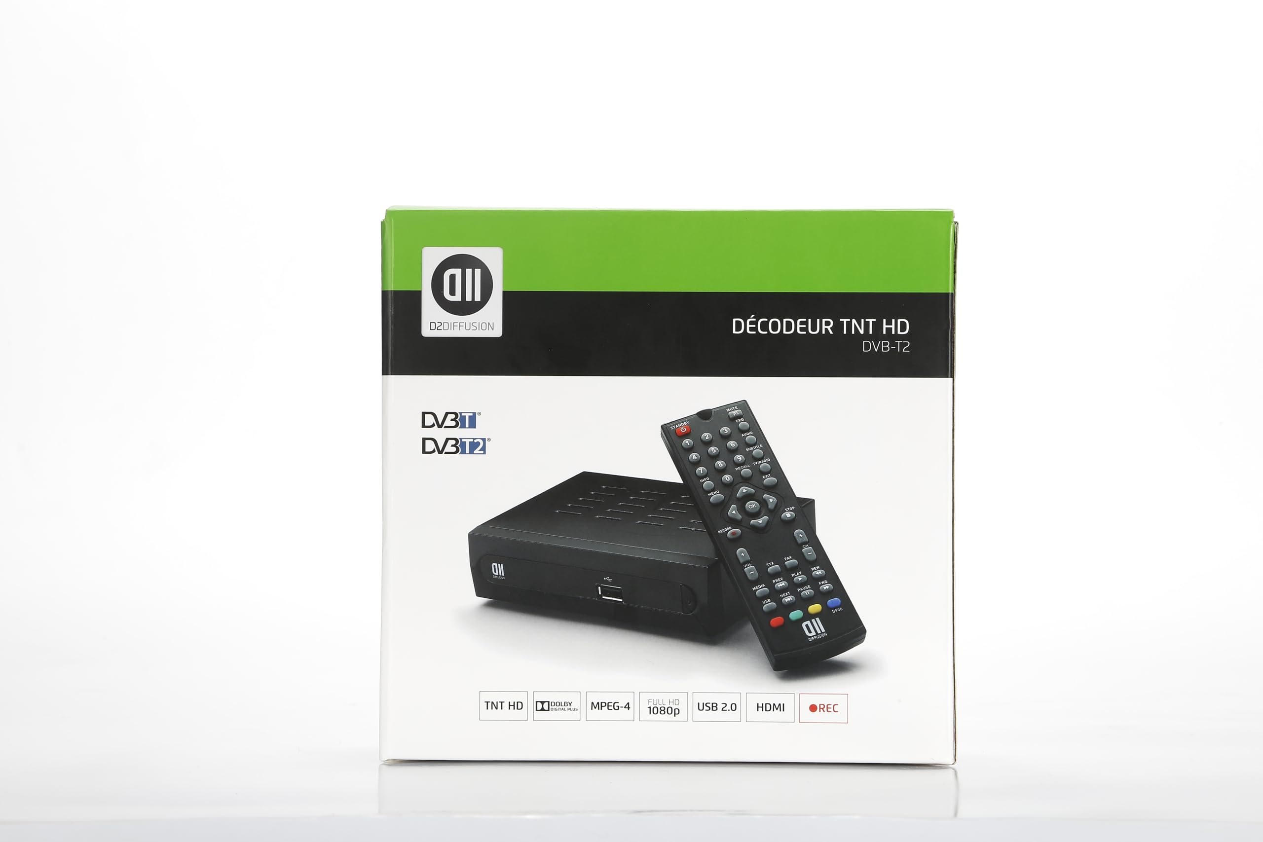D2 Diffusion Décodeur TNT Full HD -DVB-T2 - Afficheur - Compatible HEVC265 - Récepteur/Tuner TV avec Fonction enregistreur (HDMI, Péritel, USB, Dolby Digital Plus) - Noir