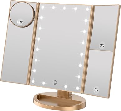 WEILY Tri-Fold Makeup Mirror with 2X/3X Magnifying 21 LEDs, 2 Power Supply Mode, Touch Switch Tabletop Cosmetic Mirror Gold