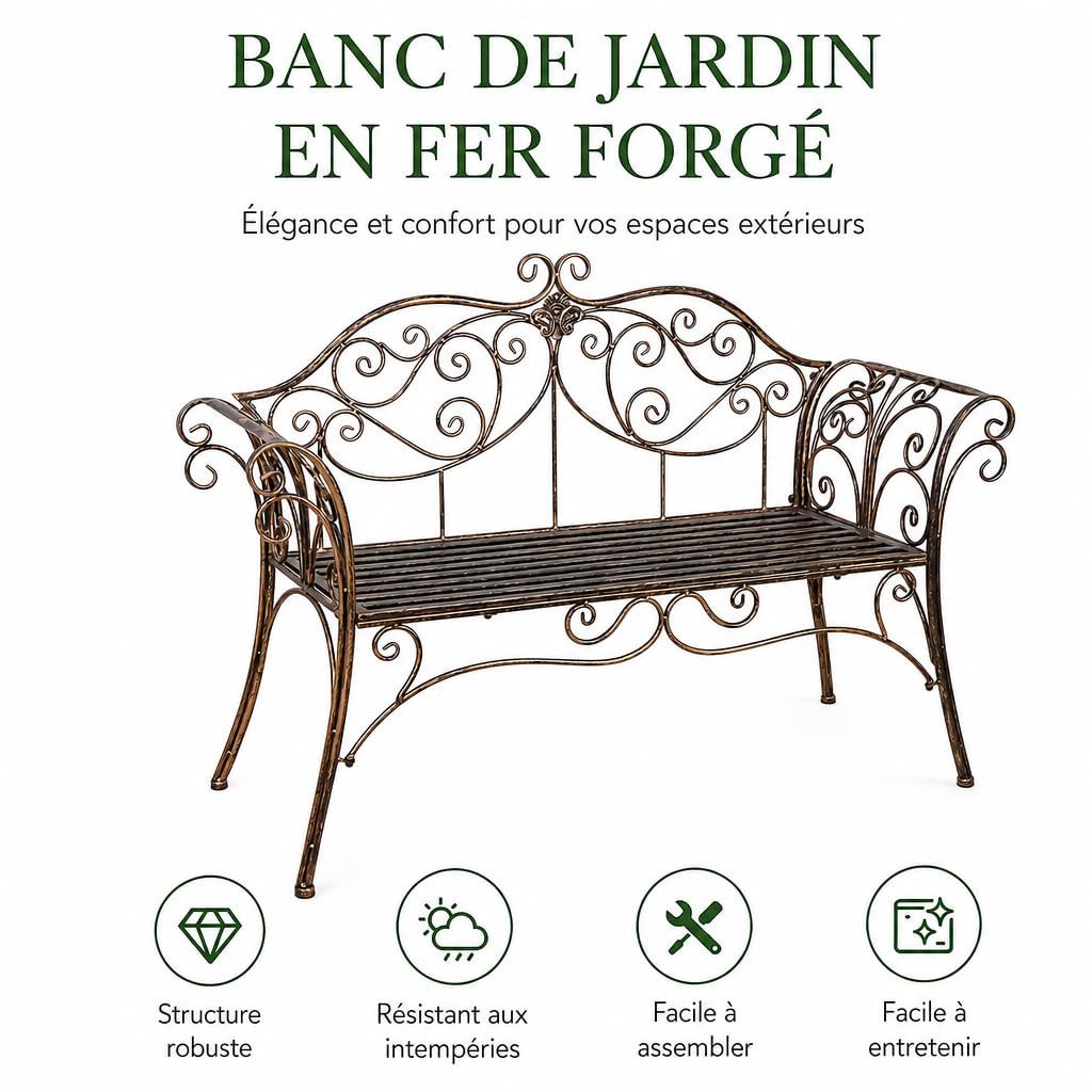 Banc de jardin rétro en métal, 2 places, design incurvé, 250 kg (bronze vieilli)