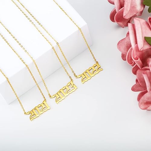 Miniatura 2 de Collar de acero inoxidable chapado en oro de 18 quilates con colgante de número de año de nacimiento y aniversario para mujeres y niñas