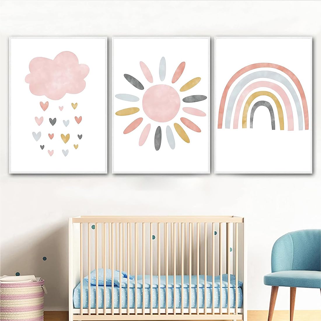 AFCJLTO Juego de 3 pósteres para habitación infantil，decoración de pared，Laminas Decorativas，arcoiris, sol, nubes Cuadros de Niña para Habitación Infantil，A4(sin Marco)