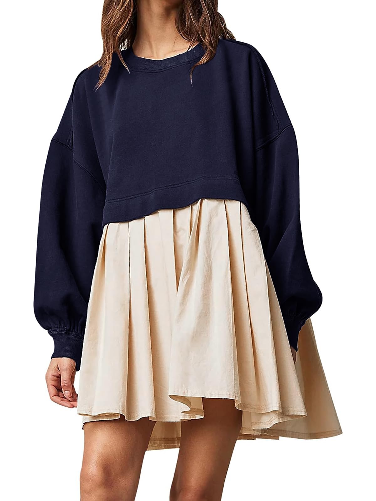 Dokuritu Vestido tipo sudadera para mujer, cuello redondo, manga larga, con retazos, sin botones, con vuelo, de gran tamaño, mini vestido