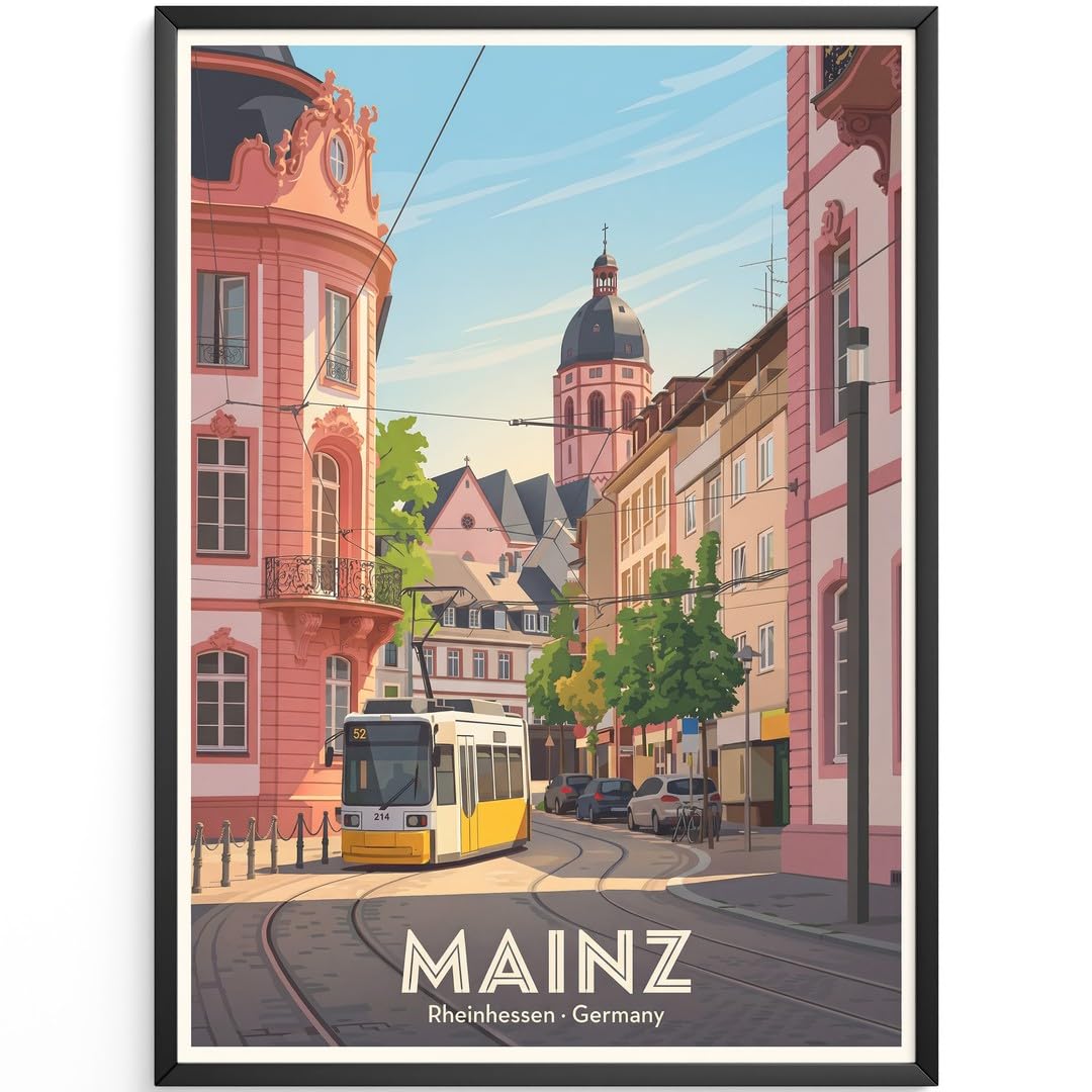 MJ-GRAPHICS® Kunstdruck Mainz Rheinhessen Tram Wandbild Architektur Stadt Pastellfarben Wohnzimmer Deko klassisch urban Fine Art Poster Straßenszene A2 mit beigem Rahmen
