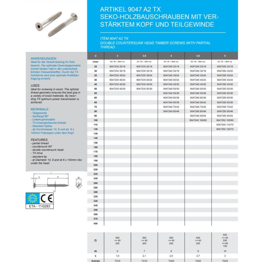 Tornillos para aglomerado, 8 x 180 mm, 100 unidades, acero inoxidable A2, cabeza avellanada, rosca parcial con cabeza reforzada, tornillos para madera meinschraubenversand.de