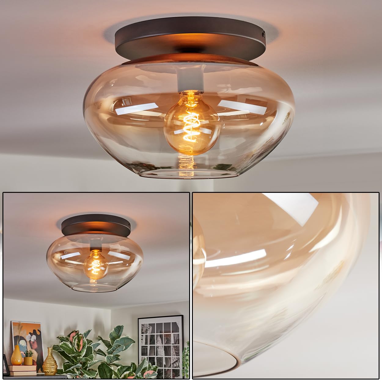 Plafonnier HOFSTEIN Mertola, plafonnier à 1 ampoule en métal/verre noir/ambre/clair, luminaire au design rétro/vintage (abat-jour Ø 35 cm), E27, salle à manger, salon, cuisine, couloir, bureau