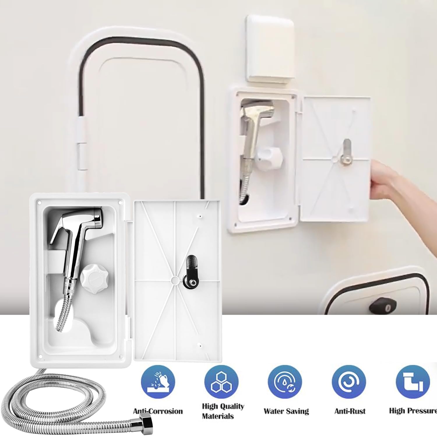 Ducha Camper, Extensible Ducha para Autocaravana, TOOSOAR Blanca Ducha para Camping con Manguera Metálica de 1.5 M, Exterior Botón Unico Ducha para Caravana