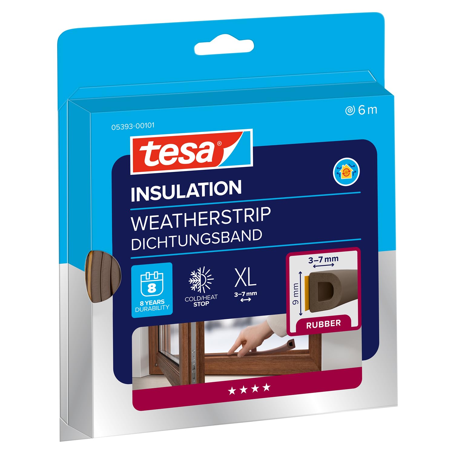 tesa INSULATION XL uszczelka gumowa - Samoprzylepna uszczelka do izolacji szczelin w oknach i drzwiach - Brązowa - 6 m x 9 mm x 7 mm