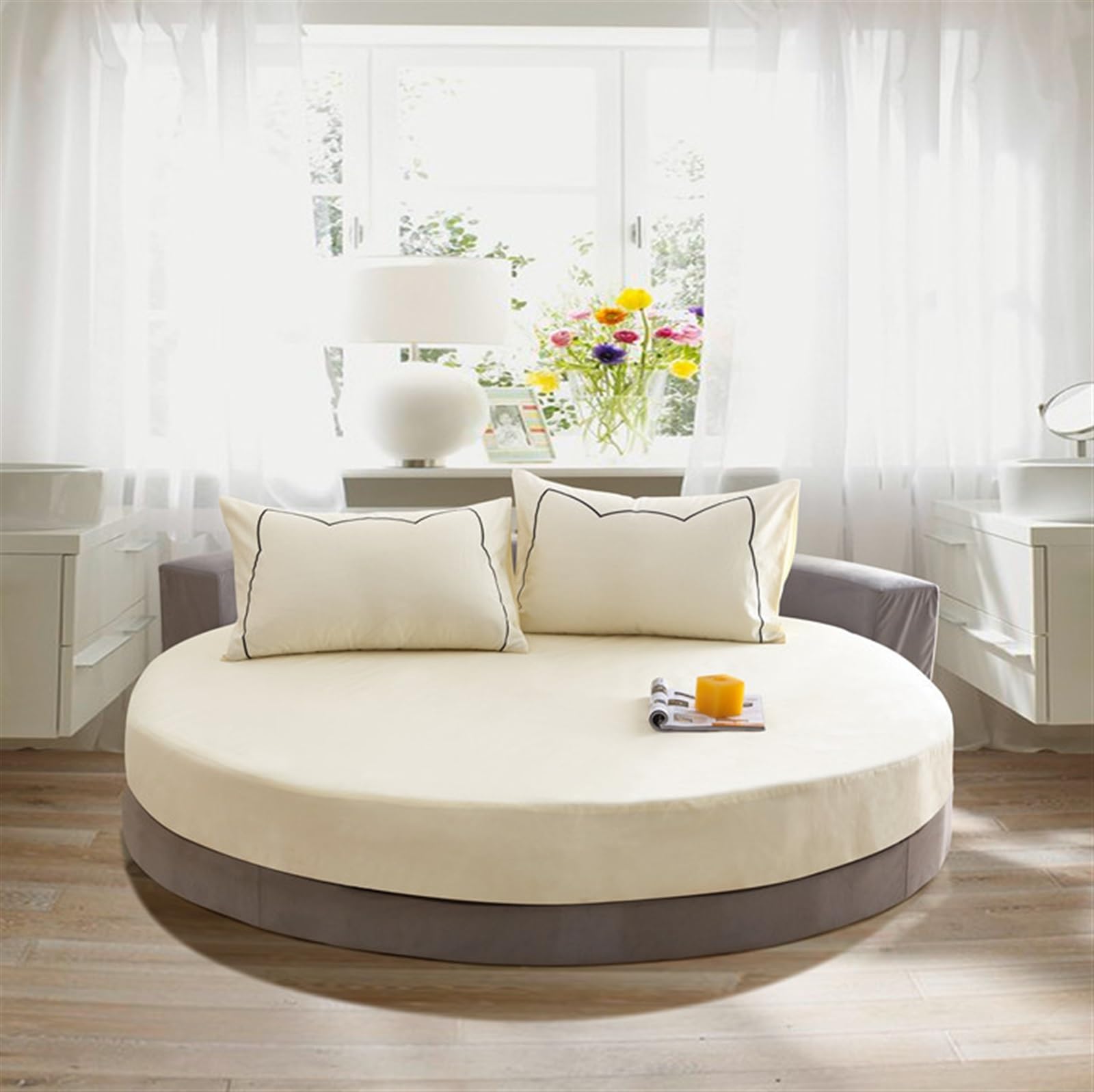 Round bed Fitted Sheets Cotton fabric solid color bedspread soft health Mattress Protectors(Beige,Pillowcase x 2)