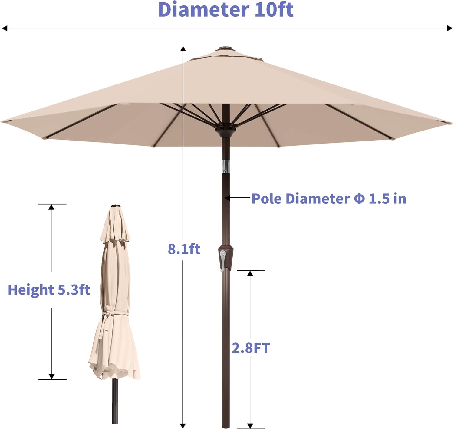 Kingdura 10FT Outdoor Patio Umbrella, Market Table Umbrella with Push Button Tilt and Crank, 8 Sturdy Fiberglass Ribs, UV Protection for Pool, Lawn, Deck, Backyard, Garden (Beige)