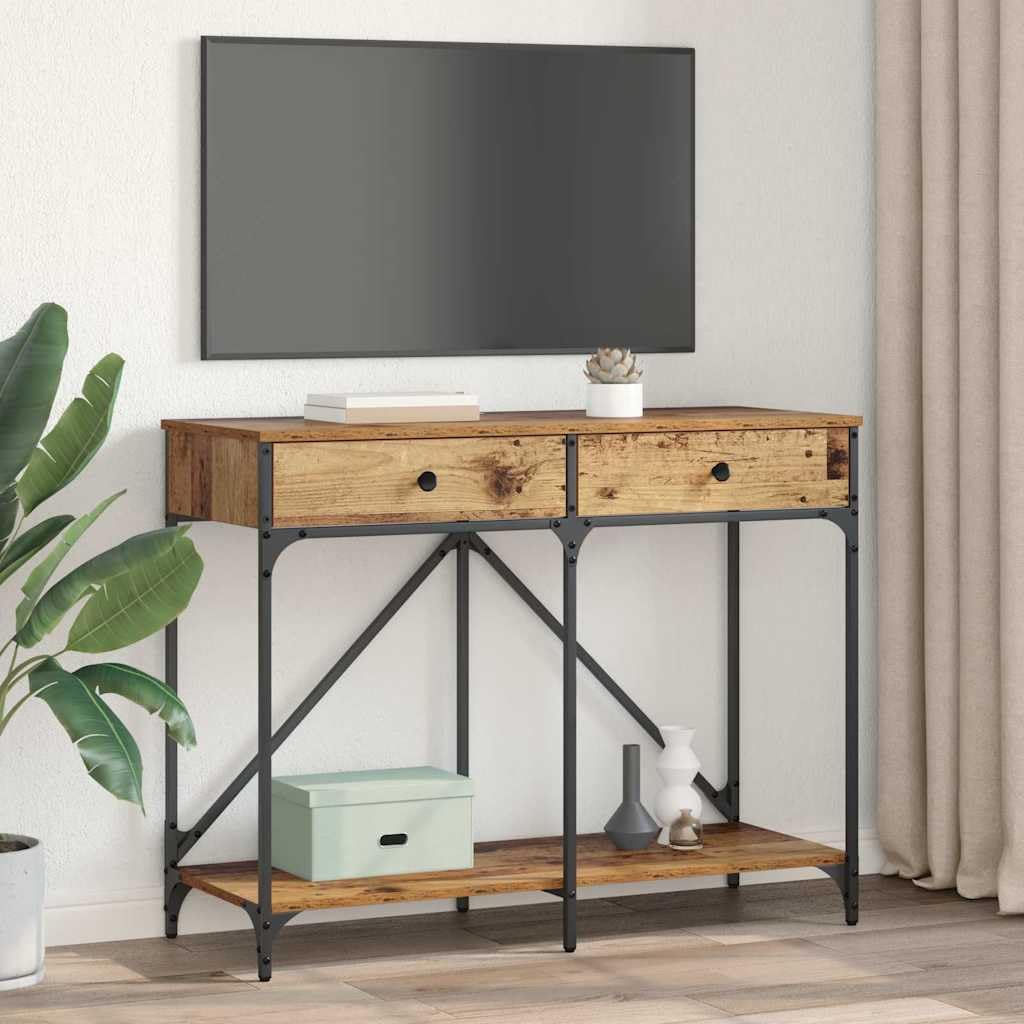 Consolle in legno anticato, 100 x 39 x 78,5 cm, con cassetto e scaffale, stabile struttura in metallo, tavolino rustico per corridoio, soggiorno, camera da letto, pratico