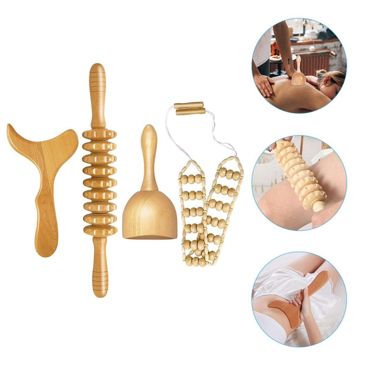 ibasenice 4 Stück Holz Körpermassagegerät mit Massagerolle Massagestab und Gua Sha Brett für Tiefengewebsmassage Tragbares Wellness Massage Tool für Rücken Nacken und Gesicht
