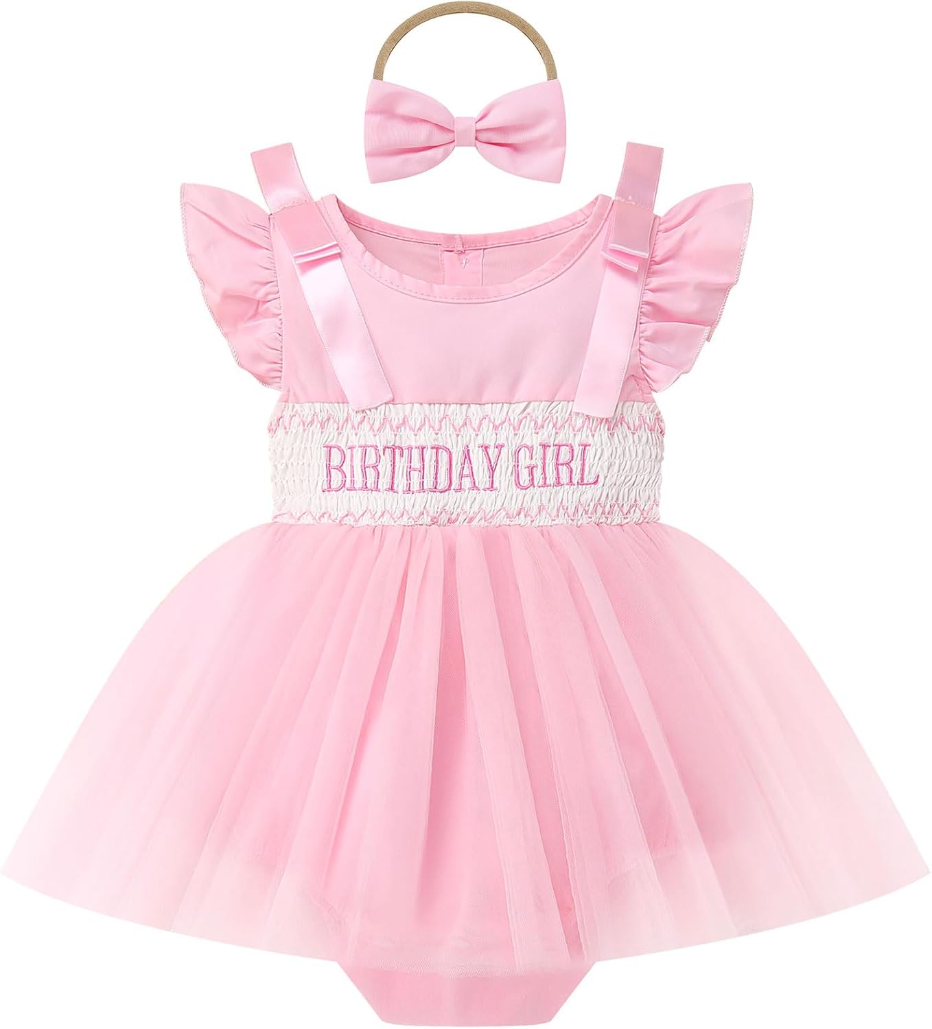 ODASDO Baby Girls 1st 2nd Birthday Cake Smash Outfit Smocked Bowknot Tulle Tutu Princess Romper Dress with Headband Set