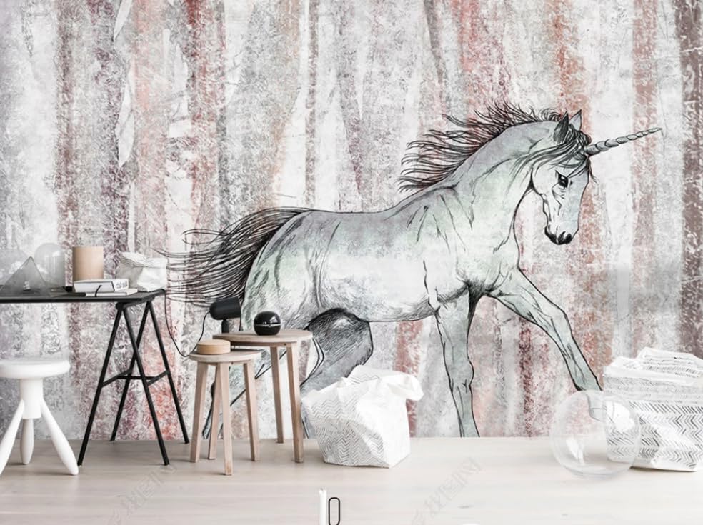 Art mural moderne licorne et cheval rayé pour habiller les grands murs du salon 350x256 cm