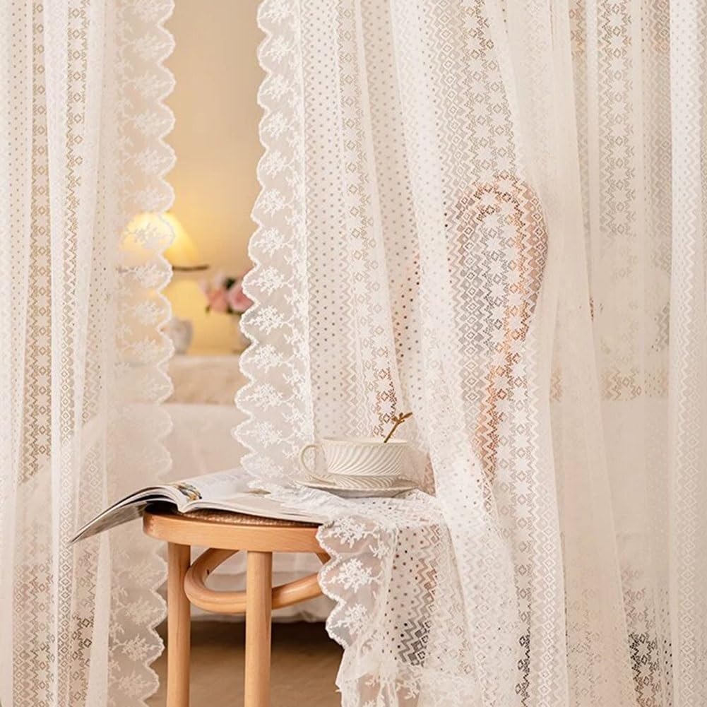 Lot de 2 Rideaux en Dentelle Blanc, Rideau Voilage Romantiques Français Filtrant la Lumière Passe-Tringle Bords Festonnés pour Salon Chambre(WxH160x130cm/63x51inch)