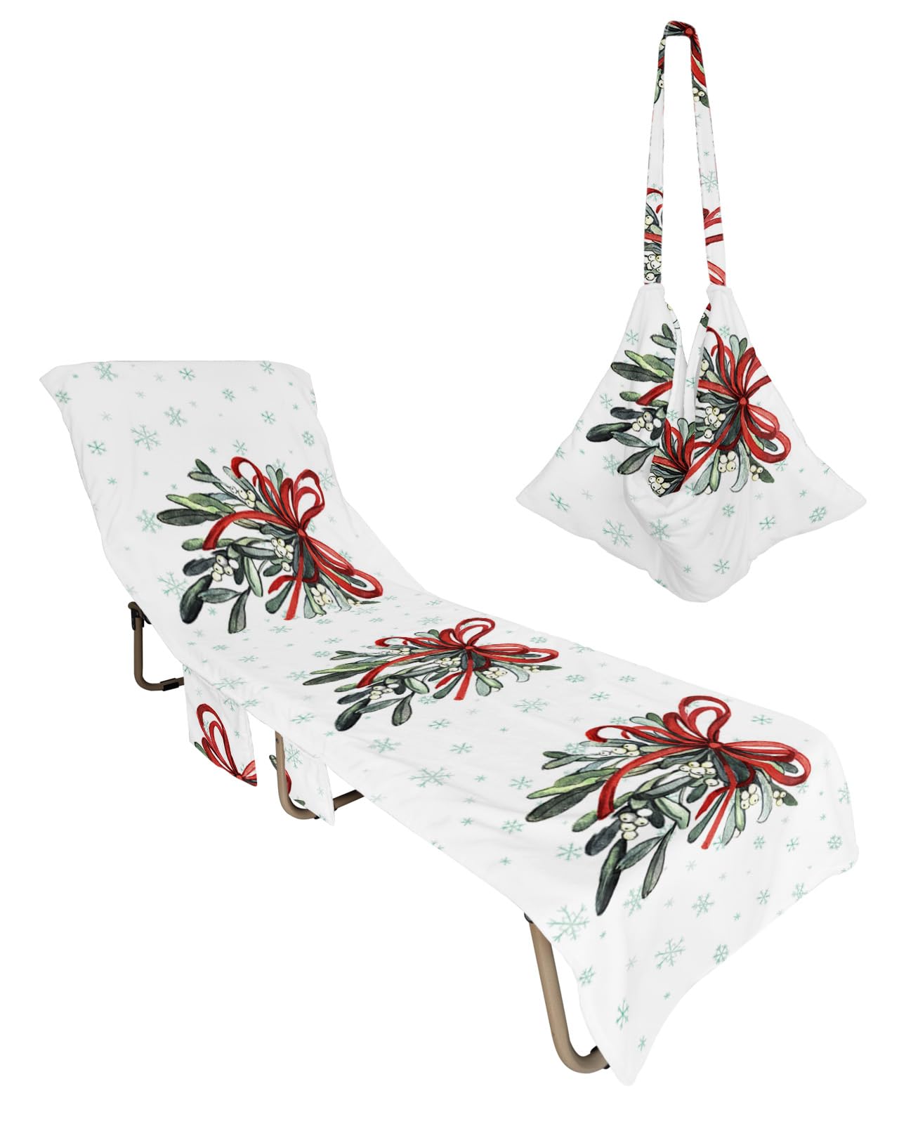 Christmas Leaves Beach Chair Towel Covers for Chaise Lounge with Side Pocket, Soft Plush Pool Towels Cover for Patio Sunbathing Outdoor 29''x85'' Red Green Winter Snowflake