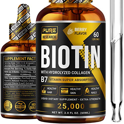 Biotin & Collagen 25,000mcg Hair Growth Liquid Drops, Supports Strong Nails, Glowing Skin, Healthy Hair Growth, 3X More Absorption Than Capsules & Pills