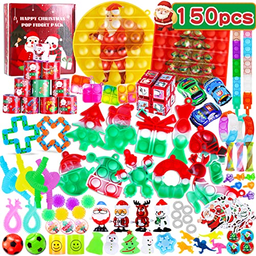 150 pcs Christmas Stocking Pinata Stuffers, Fidget Toys Pack, Party Favors Gifts for Kids Adults, Autism Sensory Toy Classroom Prizes Autistic Children Pop Its Bulk, Treasure Box Girls Goodie Bag Stress