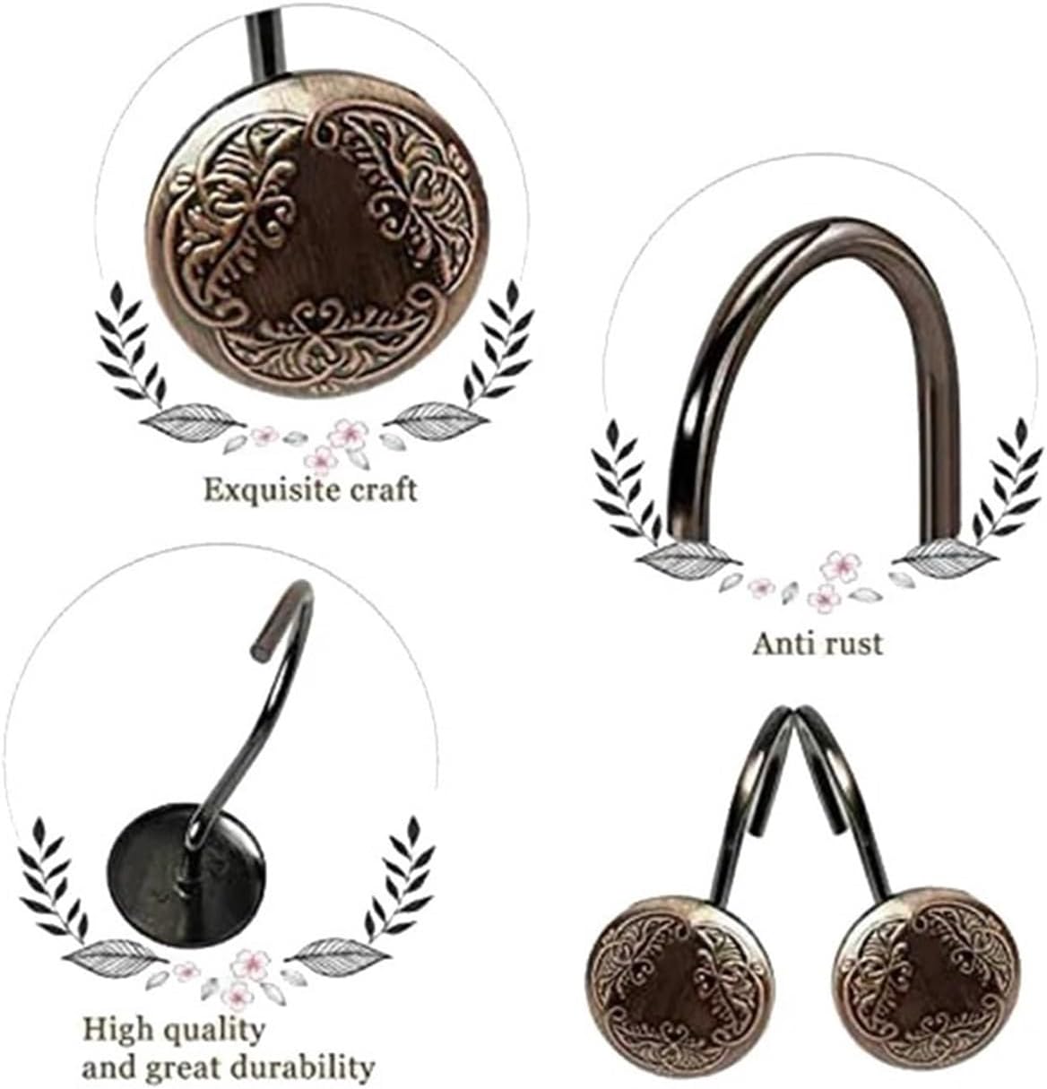 Set of 12 Antique Shower Curtain Hooks Curtain Rings for Bathroom Shower Rods Hooks