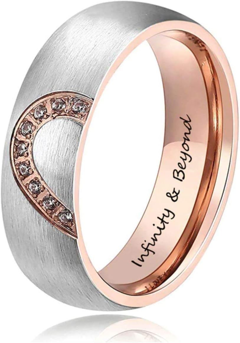 Stainless Steel Personalized Heart Couple Rings with Stones, Mens and Womens Promise Rings Set, Custom Inside Engraving, Wedding Engagement Rings for Women Men, Valentines Day Gift