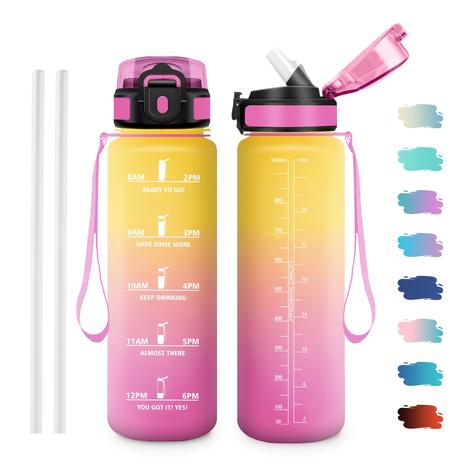 JAPORIA Sports Water Bottle, 1 Litre, Water Bottle with Time Marking, Water Bottle with Straw, Suitable for Carbonated Drinks, Sports Bottle for Fitness, Bike, Yoga