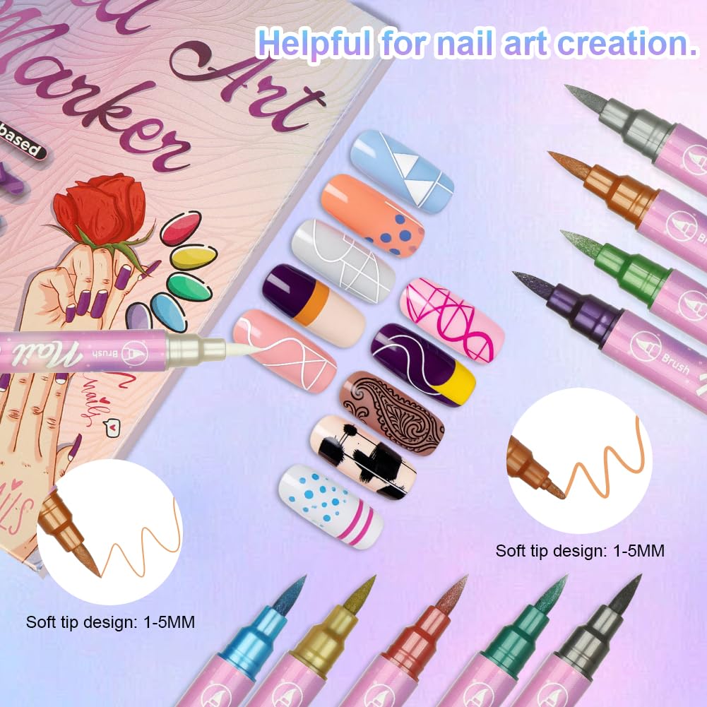 AOOWU Penne per Nail Art, 10 Penne Smalto per Unghie Nail Art, Smalto in Penna per Pittura Decorazioni Unghie per Disegno, Penna per Fai Da te Graffiti Pen Manicure Strumenti Bellezza（Bicefalo）