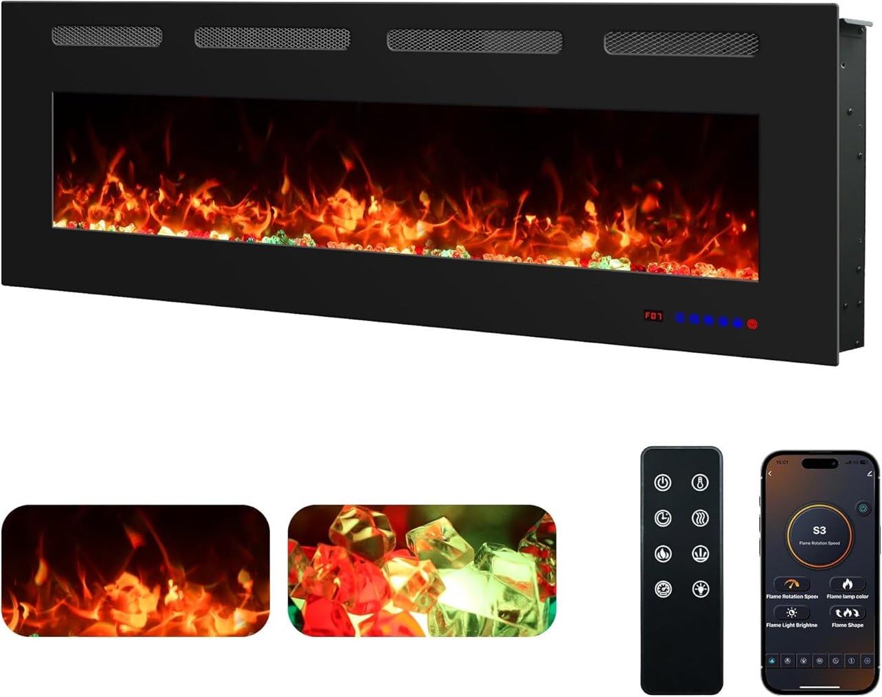 Camino Elettrico da Parete Weka Fireplace Wi-Fi, Ultrasottile, Profondo 7,5 cm, Vetro Temperato, Telecomando e Touch Screen, Riscaldatore da 750/1500 W, Effetto Fiamma Regolabile (127 cm WiFi New)