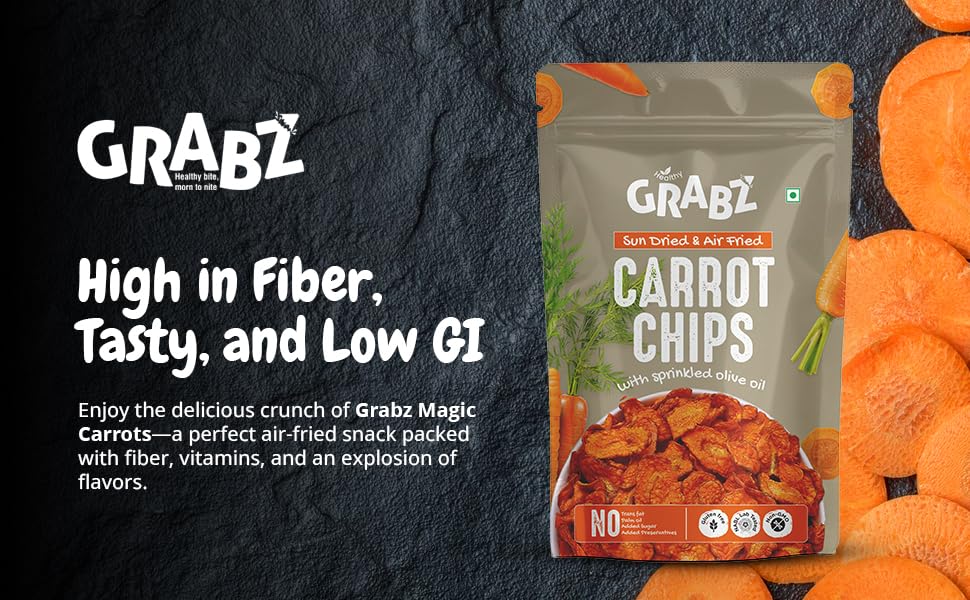 Image of GRABZ Crunchy Carrot Chips | Solar-Dried, Air-Cooked | Vitamin-Rich, Low Fat Healthy Snack - 20g Each (Pack of 3)