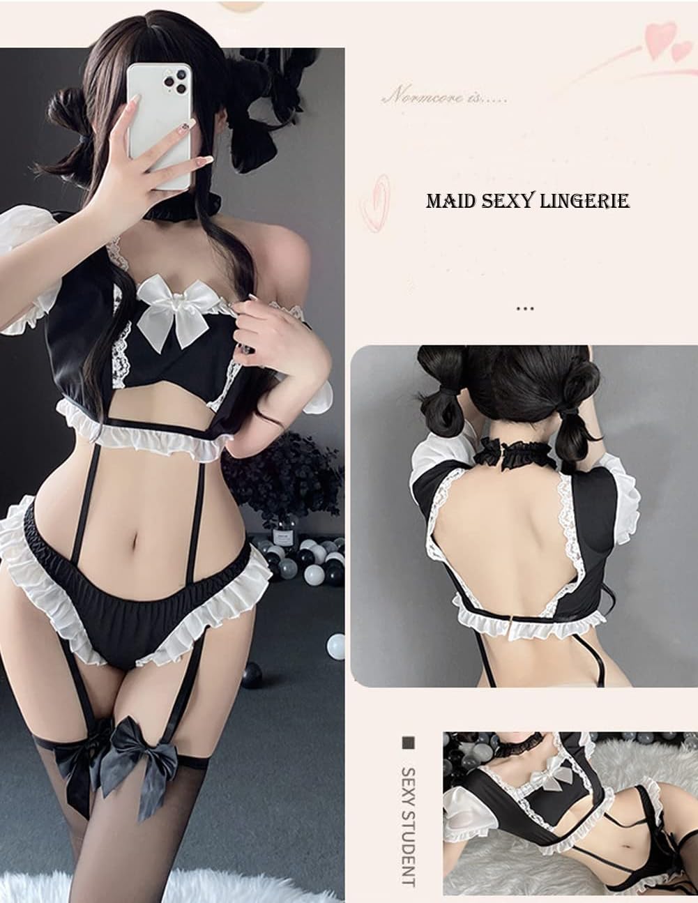 Maid Cosplay Lingerie Set with Lace Trim and Garter Straps