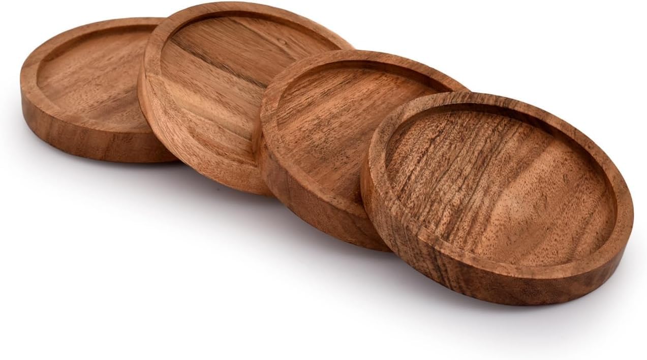 Timber Trove Wooden Coasters for Drinks - Natural Acacia Wood Drink Coaster Set for Drinking Glasses, Tabletop Protection for Any Table Type, Set of 4