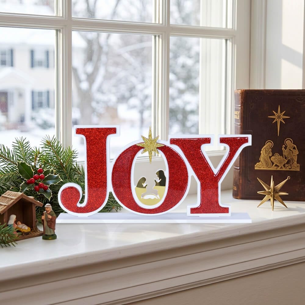 MEETYAMOR Christmas Decorations Indoor, Wood Joy Letter Nativity Scenes Set for Centerpiece Table Decorations, Wooden Nativity Religious for Xmas Decor, Christan Home, Tabletop, Mantel, Shelf, Gifts