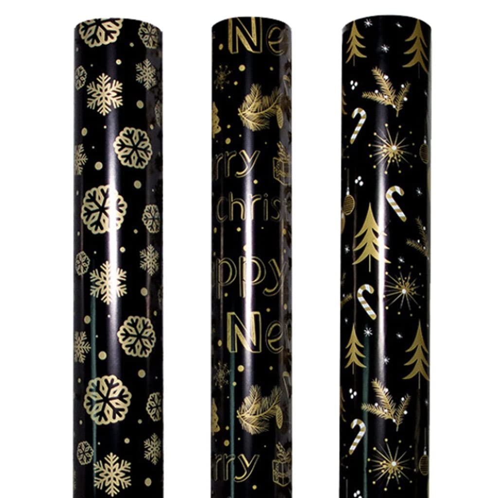 Znakomity Arkusze rolki papieru do pakowania Trzy style 6 arkuszy 27,5 cali na arkusz na Boże Narodzenie Płatek śniegu Piórka Choinka Wielofunkcyjny (Color : Black gold)