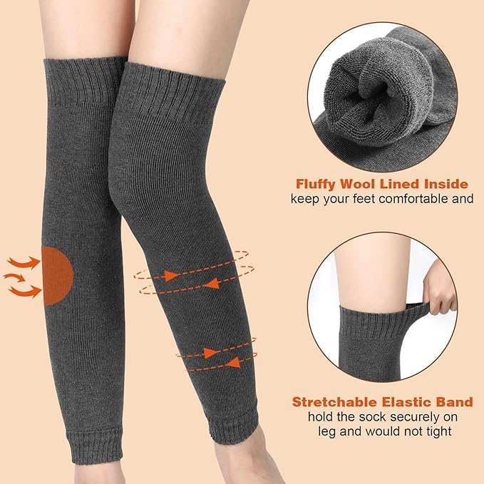 WKLOUYHE 2 Pairs Warm Leg Warmers, Women's Winter Over Knee High Footless Socks Knit Warm Long Winter Protector Knee Cap_Free Size,Black And Grey