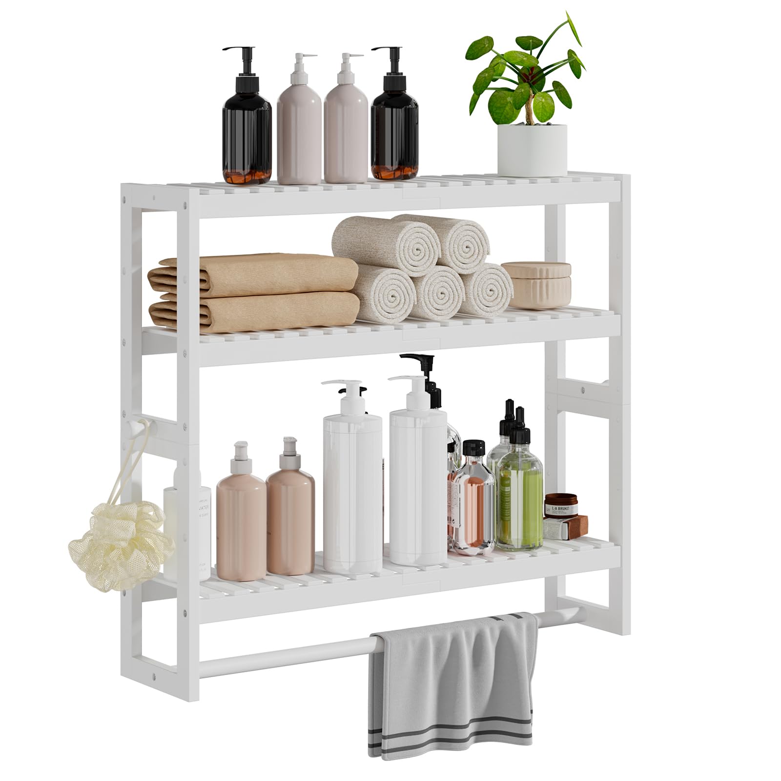 RRX Bambus-Badezimmerregal, 15cmx59cmx53cm H, 3-stöckig, verstellbare Schicht, schwebender Wandständer oder Ständer mit Stange, Standregal, Handtuchhalter, Hängestange für Badezimmer (Weiß)