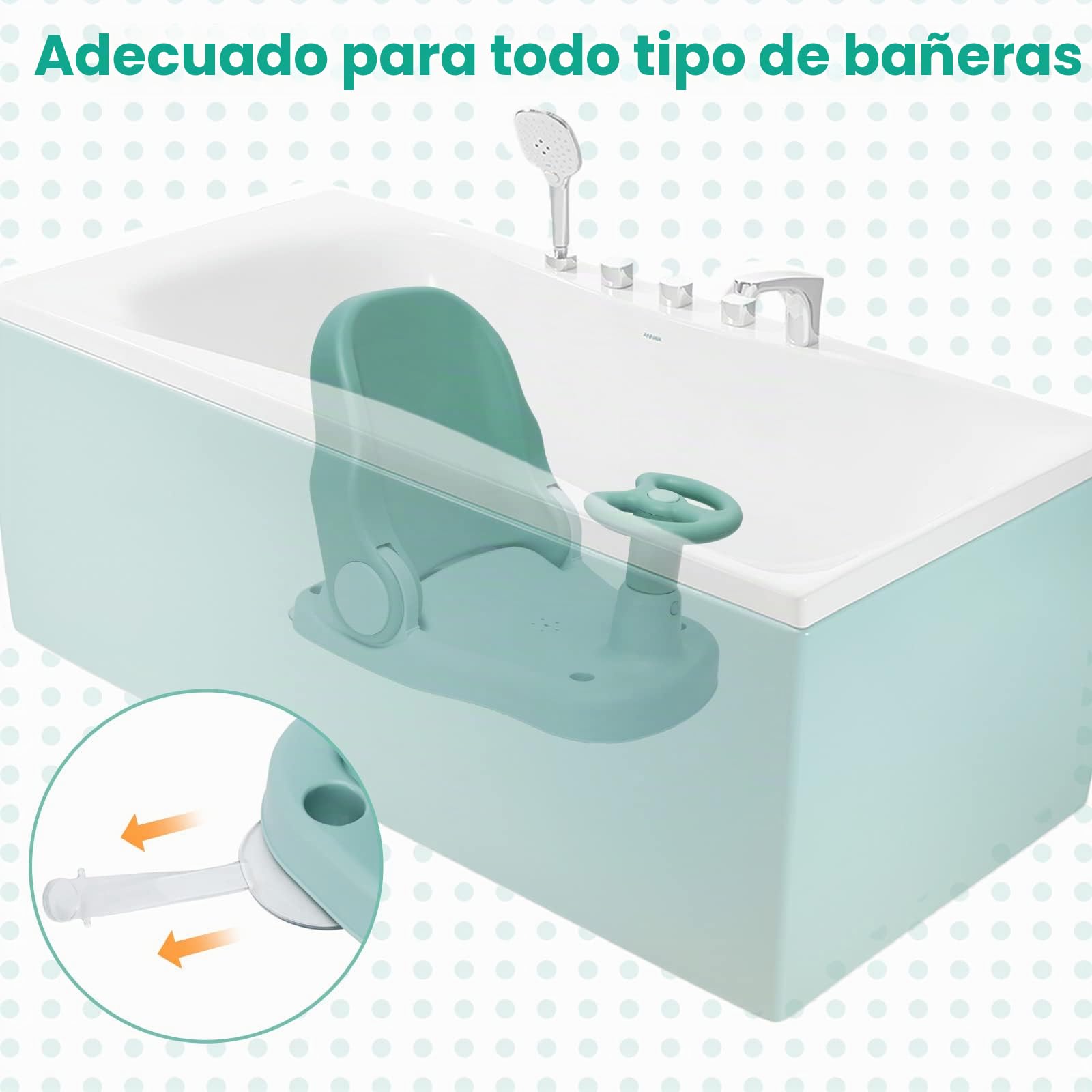 Asiento de baño para bebé con respaldo ajustable, silla de ducha plegable para bebés con ventosa fuerte, portátil para bebés a partir de 6 meses, verde