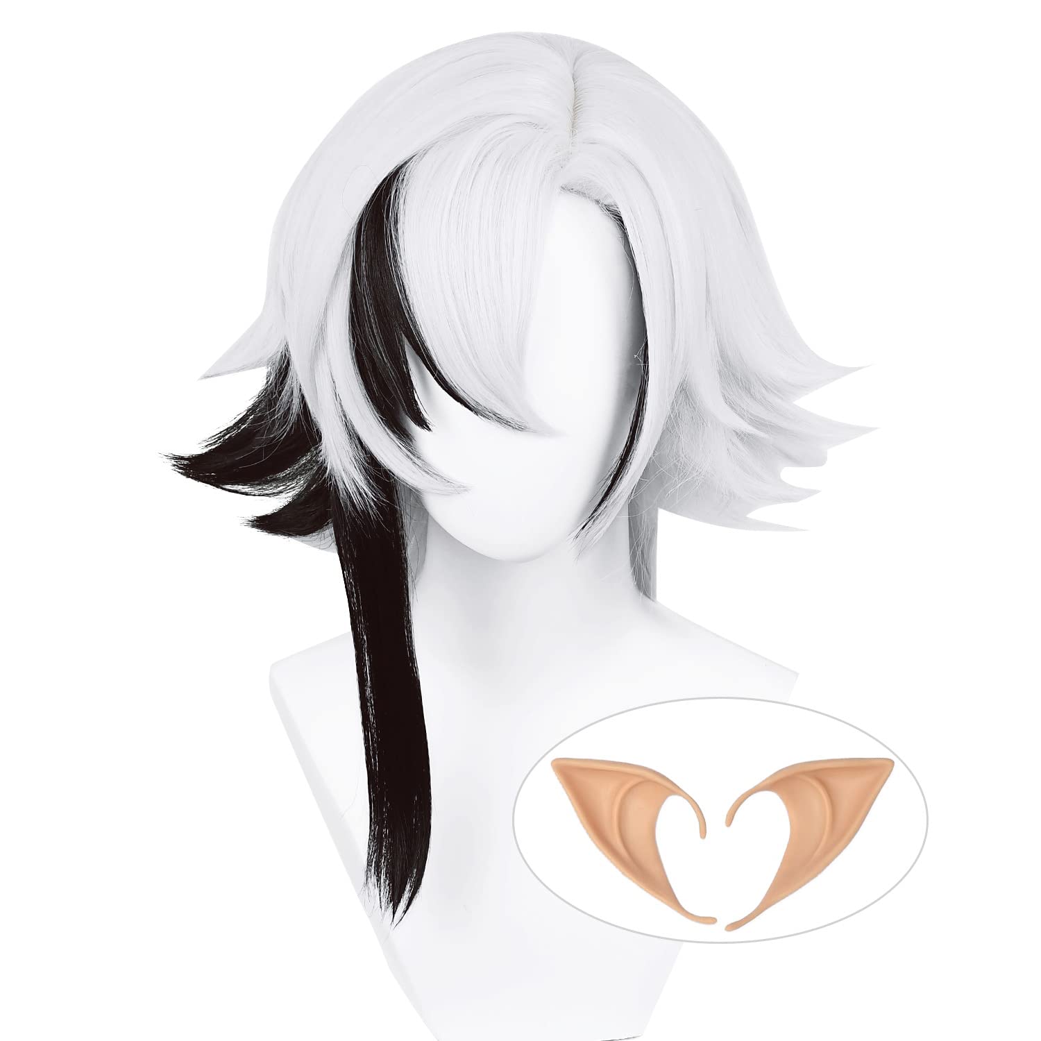 Wiggy Mermaid Silver Wig for Arlecchino Cosplay Wig Short Knave Anime White Mixed Black Layered Fluffy Wig with Bangs Halloween Party Costume for Kids Adults + Cap