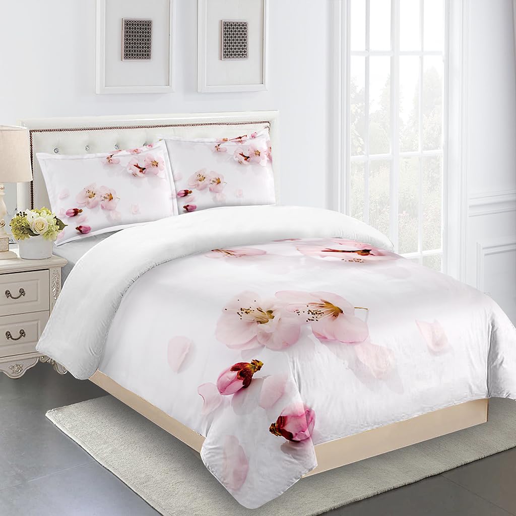 Funda Nordica Cama 150 con Dos Fundas De Almohada 40X75Cm Flores De Cerezo Flores Ropa De Cama 240X220 Prevenir Alergia Funda Nórdica Impresión 3D con Cremallera Fibra Extrafina Suave Y Cómodo