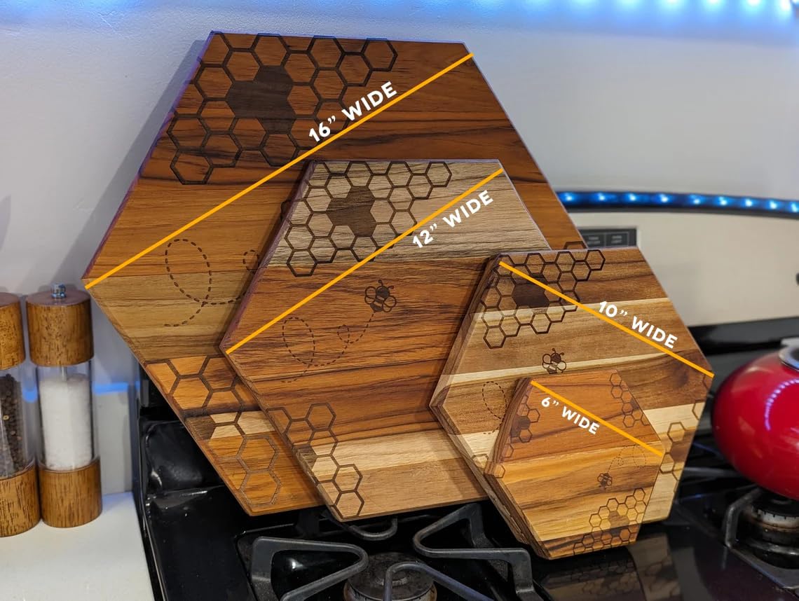 Personalized Honey and the Bee Engraved Hexagon Teak Cutting Board for Housewarming or Wedding Gift and Charcuterie Serving Honeycomb Solid Hardwood (Small (6"))