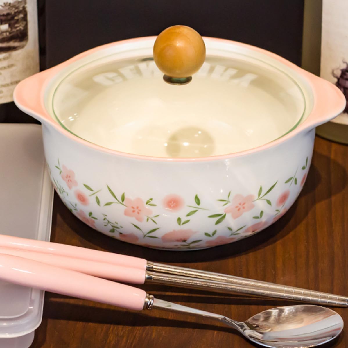 Sosoport Tazón de Ramen de Cerámica Resistente al Desgaste Tapa, Apto para Microondas, Adecuado para Cocina y Fiestas, Diseño Simple y Multifuncional