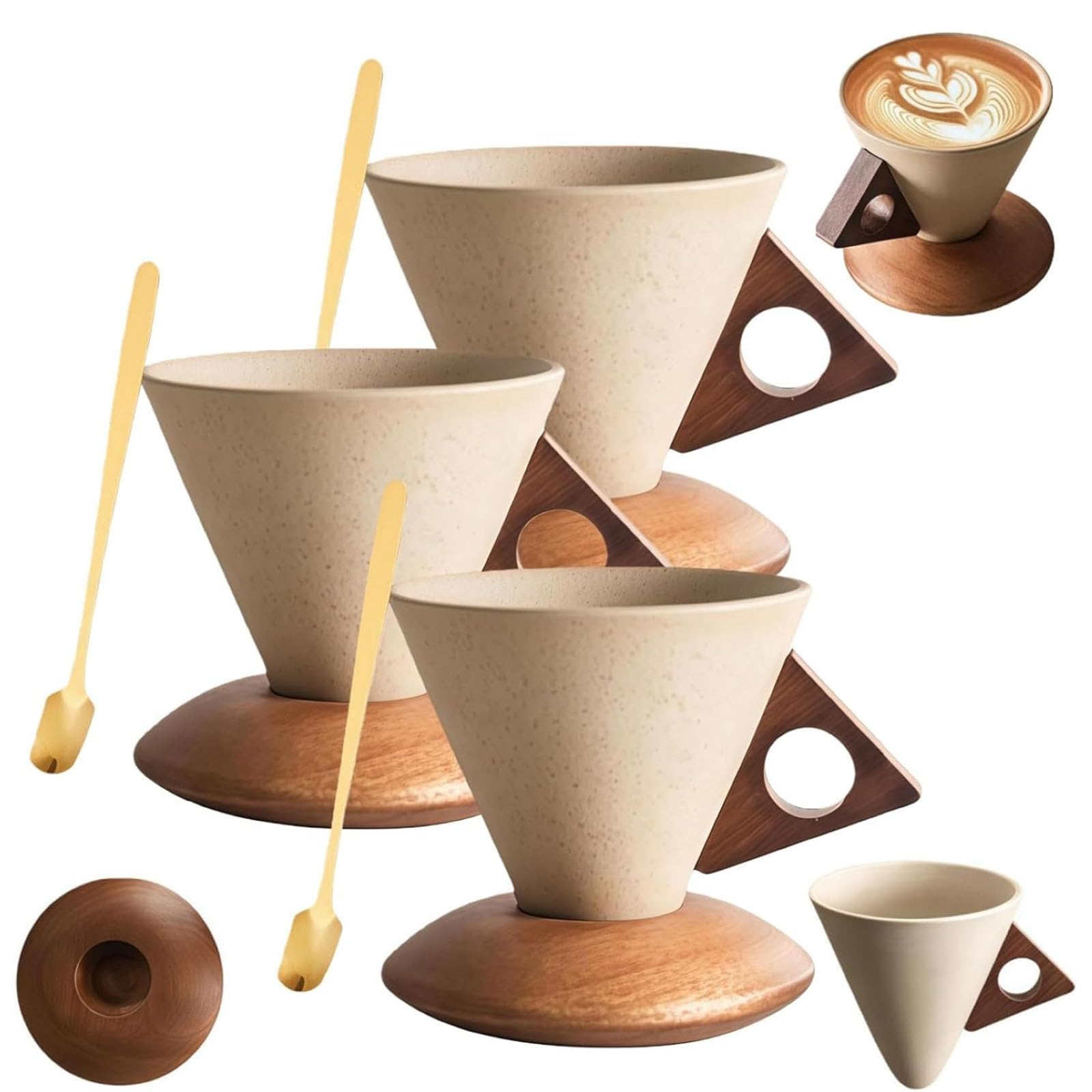 Tasse à Café Conique Élégante, Mug Rétro En Céramique Anse En Bois Massif，3