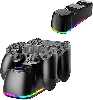 Cargador para Mando PS4, Estación de Carga para Mando PS4 con luz RGB y Carga Simultánea, Estación de Carga para Mando Playstation 4/PS4 Pro/PS4 Slim