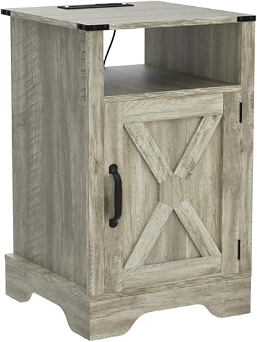 Miniatura 5 de Mesita de noche de granja con estación de carga, mesa auxiliar rústica de madera para dormitorio, sala de estar, 16 pulgadas de profundidad x 16