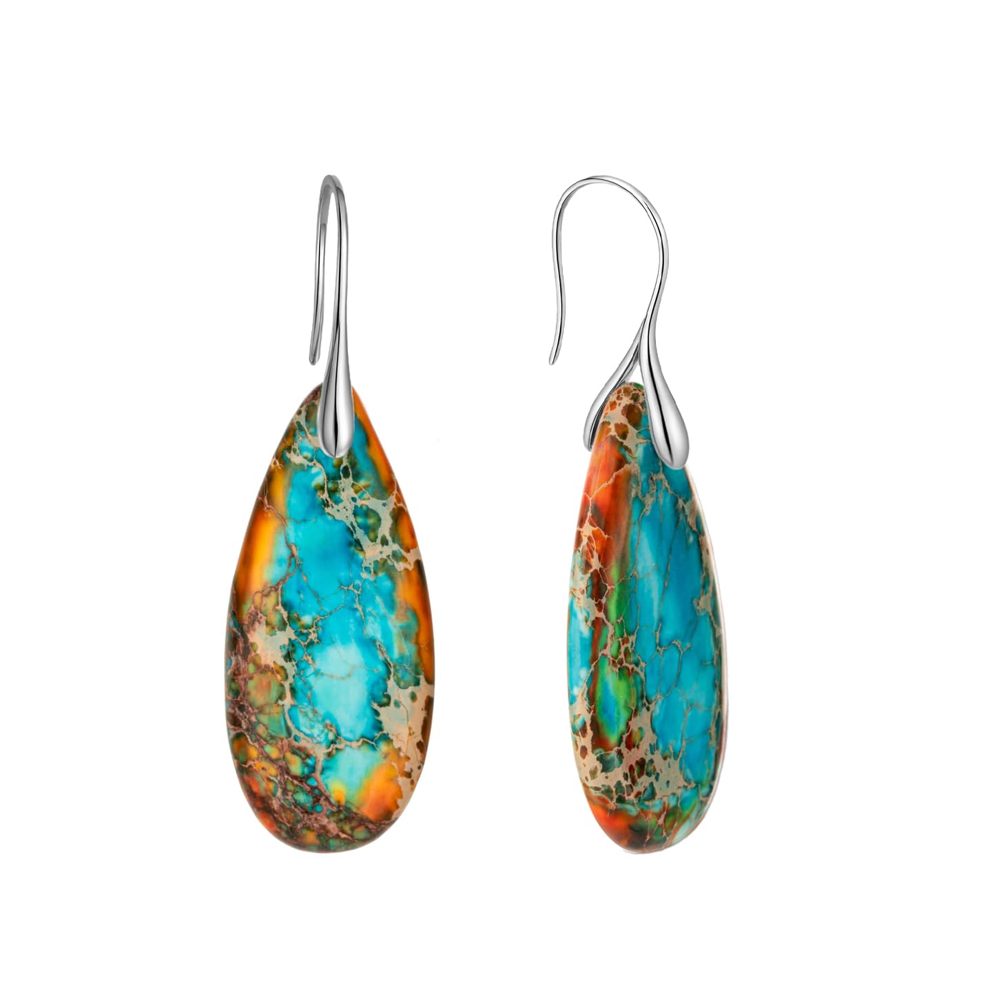 925 Sterling Silver Natural Imperial Jasper Dangle Drop Earrings, Waterdrop Shape, Boho Style