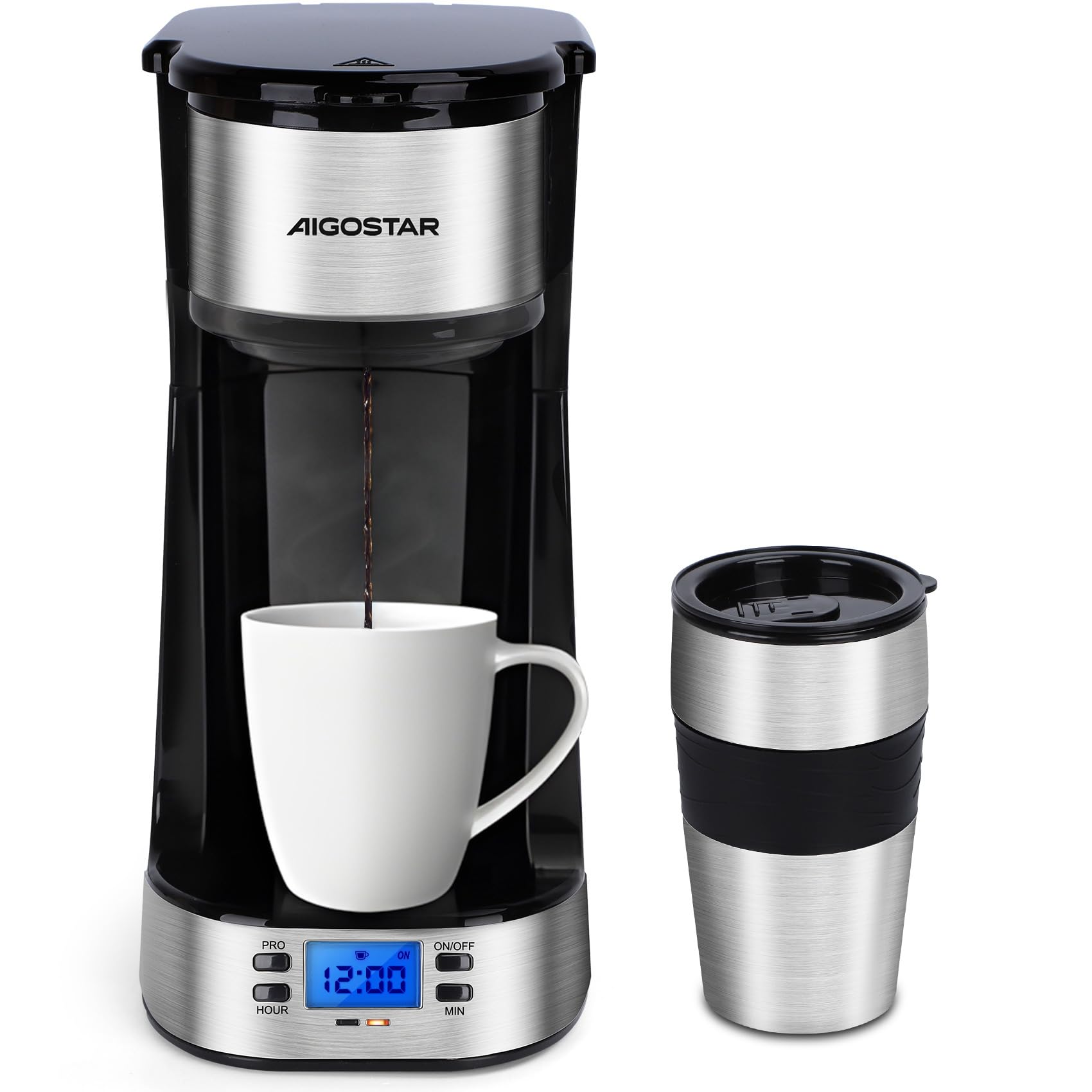 Aigostar - Cafetière Filtre avec 1 tasse isotherme Programmable 24h, Affichage LCD, Machine à café avec Gobelet de voyage de 420 ml et filtre à café réutilisable, 700W, Noir