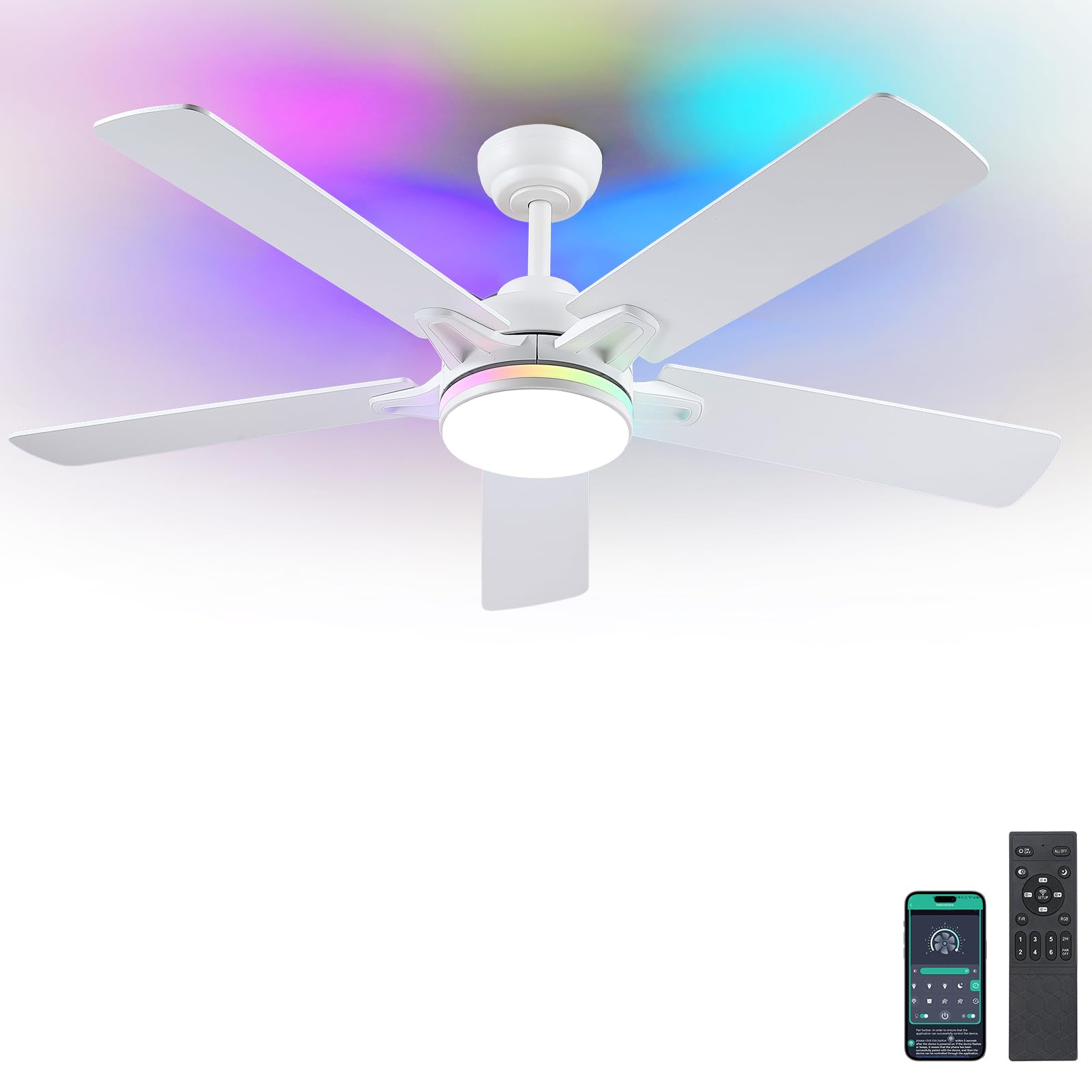Kviflon RGB Ventilateur Plafond avec Lumiere Silencieux 132 cm, Ventilateur de Plafond avec Telecommande et APP, Plafonnier Ventilateur Led pour Chambre Salon, Réversible, Pales en Bois, Blanc