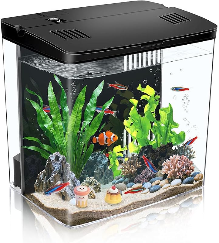 Kit de iniciación para acuario Betta de autolimpieza con tanque de peces pequeño de 1,2 galones con bomba silenciosa de ciclo automático (filtración, oxigenación y circulación) Acuario de escritorio LED de 5 colores