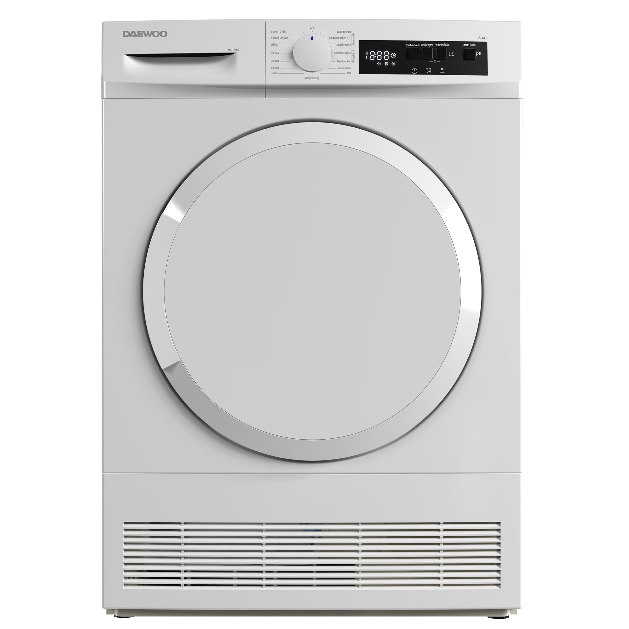 Daewoo T8CT1W0DE Kondenstrockner Frontlader, G, 8 kg, 15 Programme mit 12 Min.-Kurzprogramm, Startzeitvorwahl, LED-Trommelbeleuchtung, Weiß