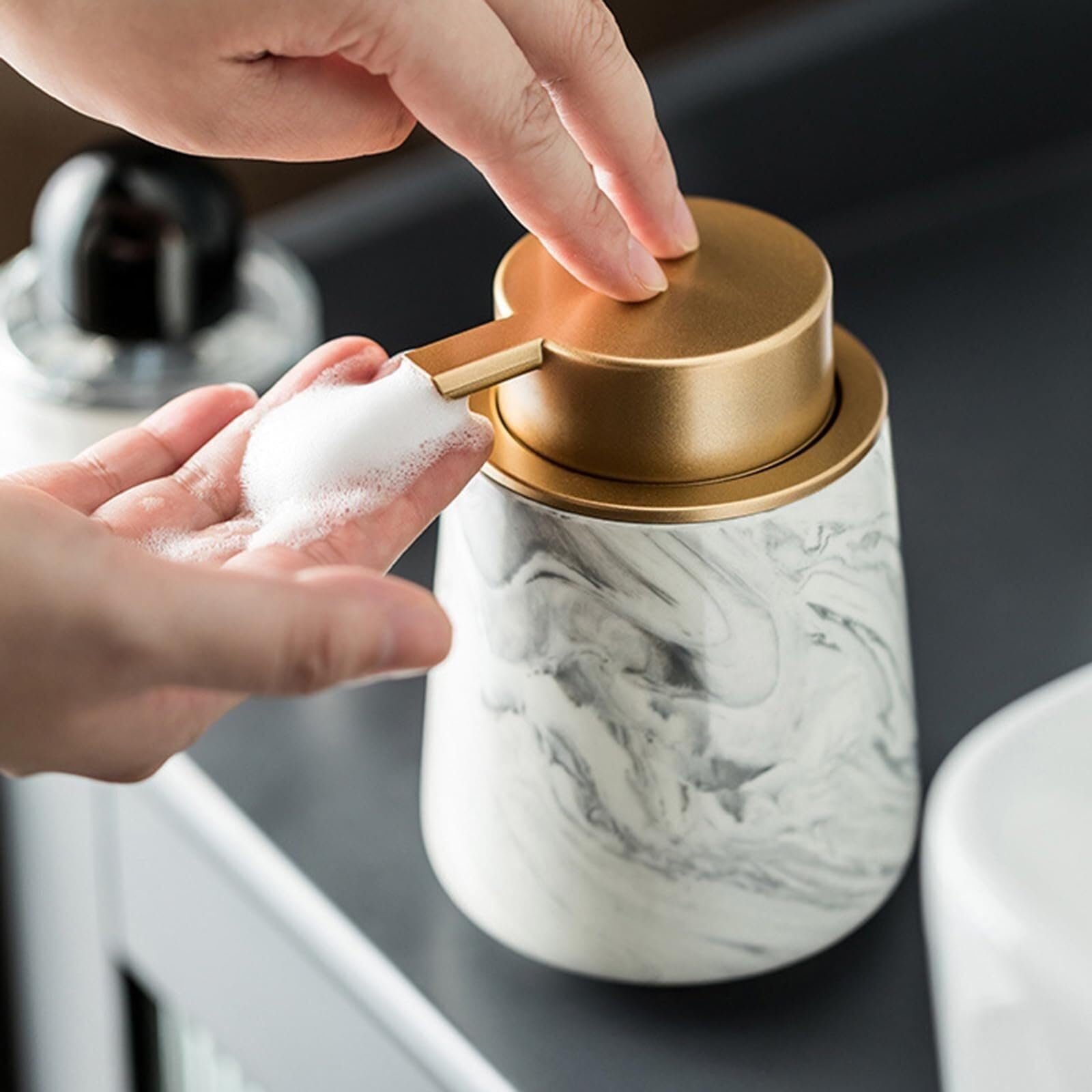 Set di accessori per il bagno Set dispenser di sapone effetto marmo 4 pezzi, bicchiere for spazzolino da denti, portaspazzolino in ceramica Arredamento per gli affittuari(Gray 3)