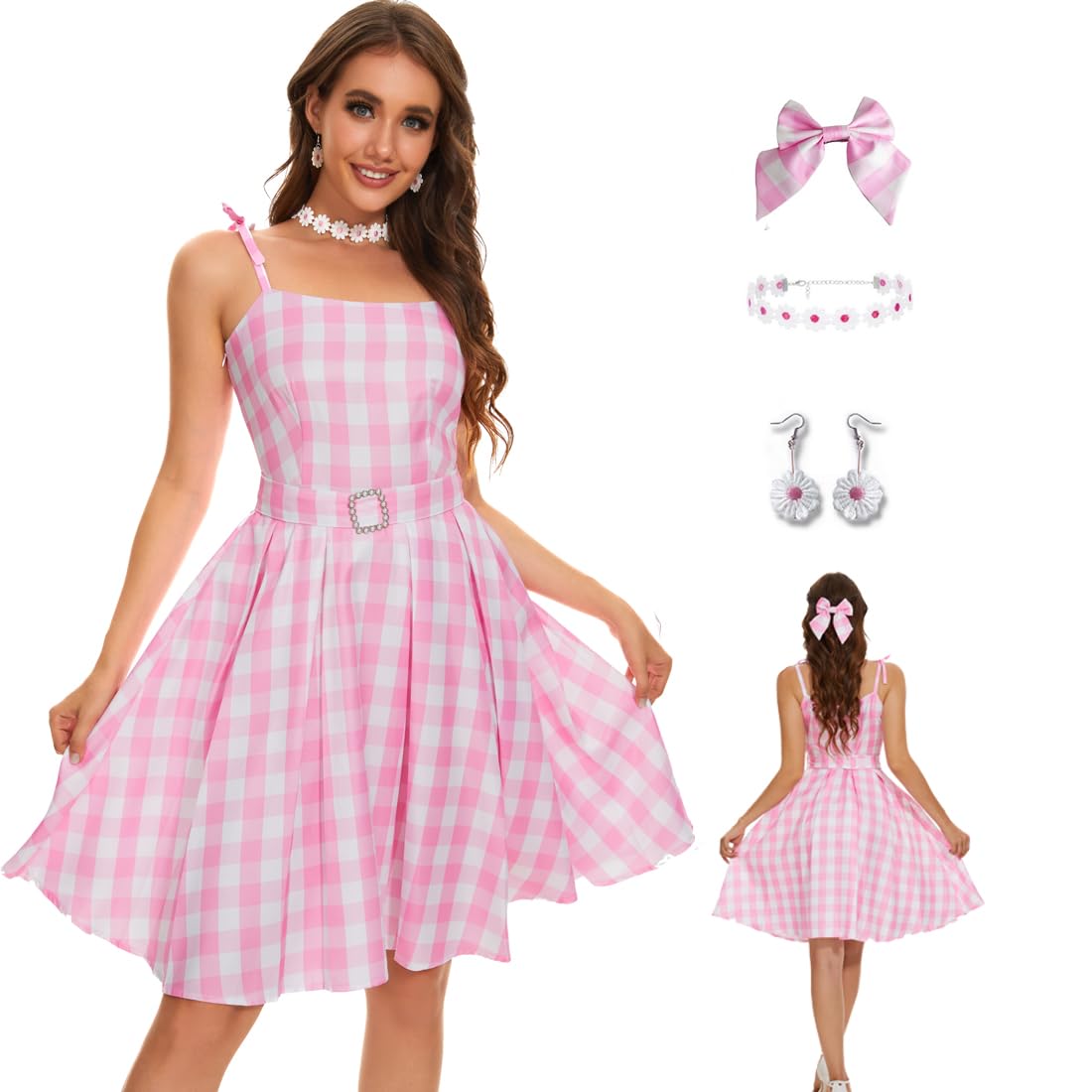 AYYOHON Women Pink Plaid Dress Skirt Hair Bow Daisy Necklace Earrings Set Halloween 2023 Cosplay Costume Suit 2XL